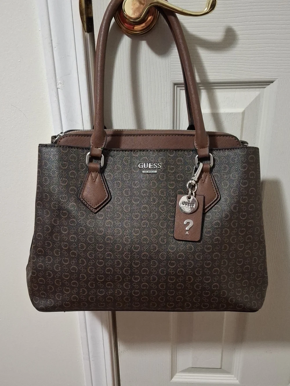 GUESS Brown Monogram Satchel with Charm Accent